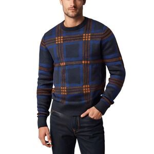 Ben Sherman Mens Navy Plaid Cotton Crewneck Sweater NWT